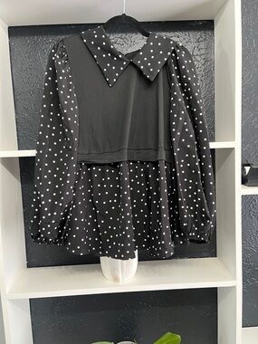 Black Polka Dot Peplum Top with Peter Pan Collar